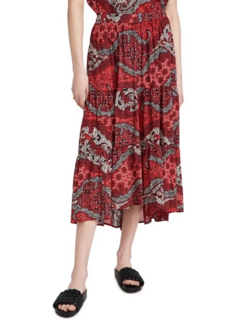 XiRENA Iris Midi Skirt Size XS Red Fire 100% Cotton High Low Tiered Boho Paisley